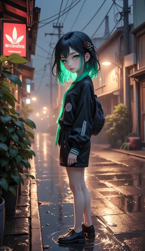 Rainy Night,1 woman with glowing green hair,full body, record heavy rain,Wet Ground,Lights reflect,Melancholy Feeling,dark sky,warm lighting,4K pictures,realistic texture,Professional,Delicate Details,bokeh effect,bright colors,illustrations,dark haired,sh...
