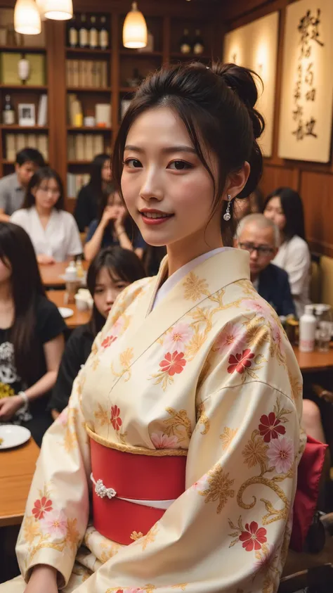  The shining young woman enhances her authenticity 、I'm wearing an elegant traditional Japanese kimono decorated with intricate floral patterns in white and gold colors, droopy eyes 、Double eyelids、 she has a slightly slanted 、(( with customers enjoying th...