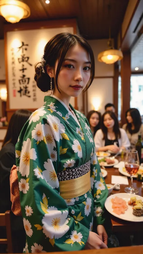 The shining young woman enhances her authenticity 、I'm wearing an elegant traditional Japanese kimono decorated with intricate floral patterns in deep green and white colors, droopy eyes 、Double eyelids、 she has a slightly slanted 、(( with customers enjoy...