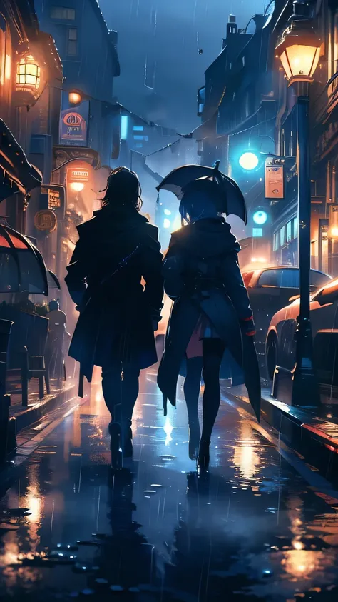 (Two men wearing coats are standing),(rain:1.5), (water drop),　Distant view, dark, night, ((best quality)), ((masterpiece)), high resolution, sharp focus, (ultra detailed, highly detailed), (highly detailed CG unity 8k wallpaper), (((vibrant colors))), {be...