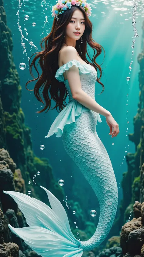The Little Mermaid、 It personifies a very beautiful young Japanese and half Korean woman 、Smiling gently,  Slim and feminine figure、Pearl white Off-the-shoulder one-piece clothes. (((Mermaid Fin))),  Woman with long, beautiful blue black 。Bewitching beauty...