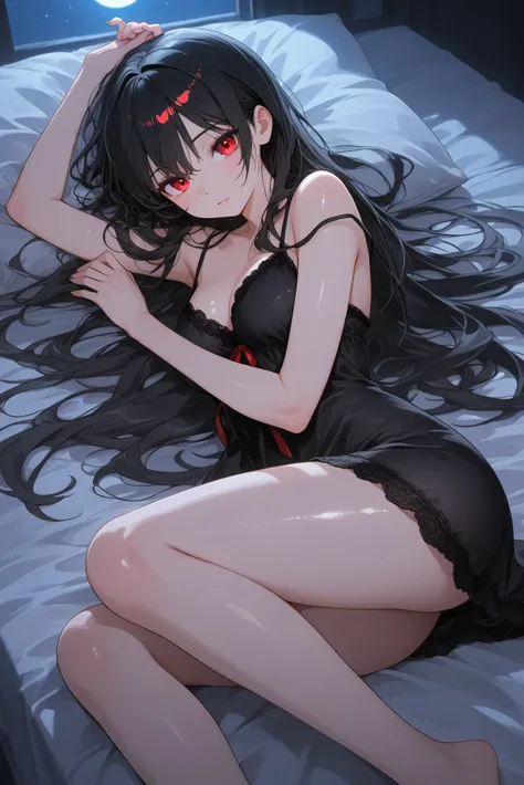 1 woman with long shiny black hair, hair down, long hair, shiny red eyes, ruby red eyes, black nightgown, lying down, white bed, tall woman, medium breasts, moonlight, moonlight particle,