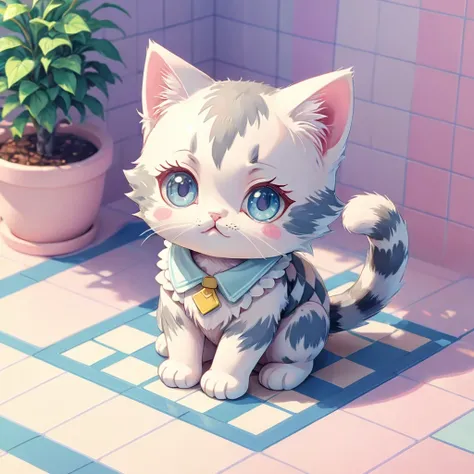 cute stickers, 8K Ultra HD, highly detailed, Detailed illustration of an adorable checkered pattern kitten, style cartoon, two-dimensional, planar vector, character design, vector art, fantasy art, Background with light pastel gradient, full body, Cute Des...