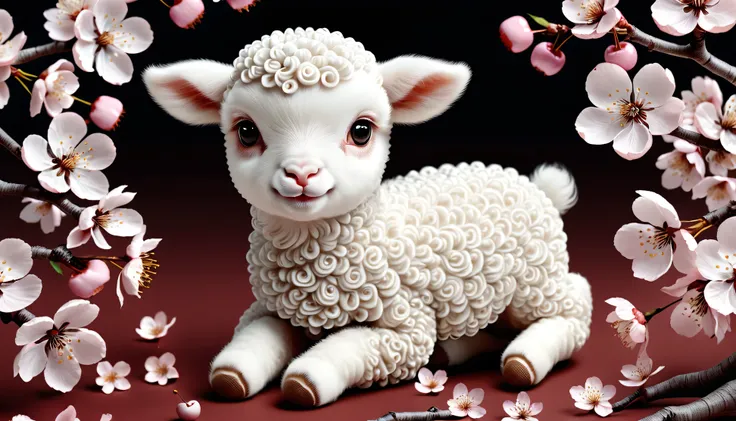 (Absurdres:1.2), exquisitely detailed Adorable white lamb (animal), 8k, cherry blossoms, illustration | ((More_Detail))