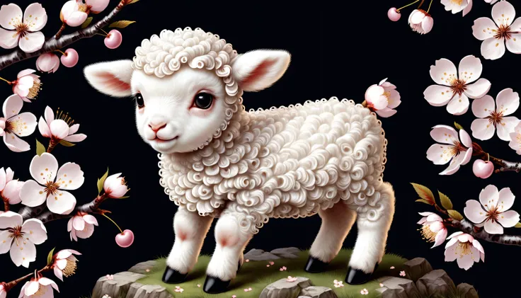 (Absurdres:1.2), exquisitely detailed Adorable white lamb (animal), 8k, cherry blossoms, illustration | ((More_Detail))