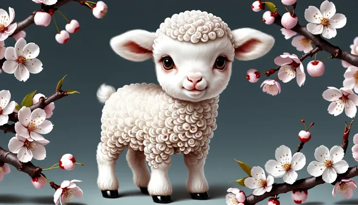 (Absurdres:1.2), exquisitely detailed Adorable white lamb (animal), 8k, cherry blossoms, illustration | ((More_Detail))