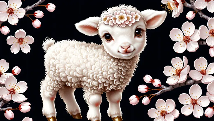 (Absurdres:1.2), exquisitely detailed Adorable white lamb (animal), 8k, cherry blossoms, illustration | ((More_Detail))