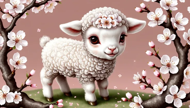 (Absurdres:1.2), exquisitely detailed Adorable white lamb (animal), 8k, cherry blossoms, illustration | ((More_Detail))