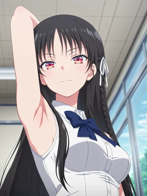 masterpiece, best quality, amazing quality, anime screencap, anime coloring, blurry background, 1girl, solo, suzune horikita, horikita suzune, long hair, black hair, red eyes, hair ribbon, braid, medium breasts, blue bow, white sleeveless shirt, collared s...
