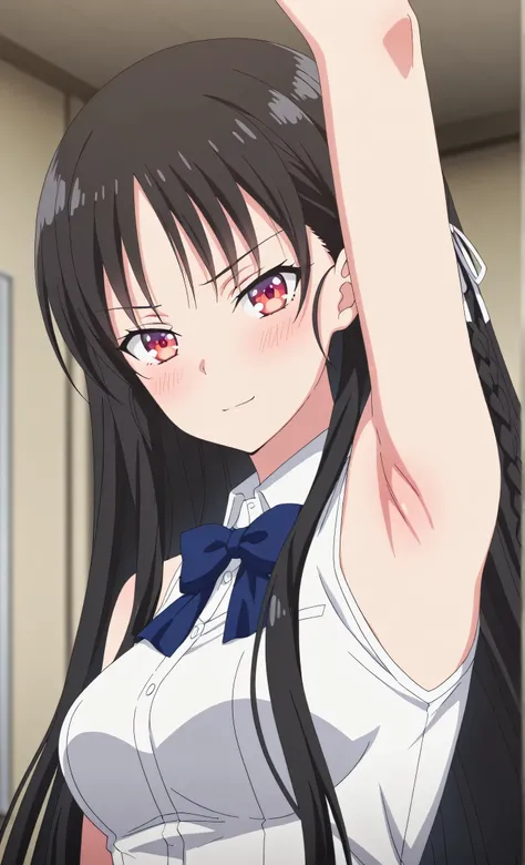 masterpiece, best quality, amazing quality, anime screencap, anime coloring, blurry background, 1girl, solo, suzune horikita, horikita suzune, long hair, black hair, red eyes, hair ribbon, braid, medium breasts, blue bow, white sleeveless shirt, collared s...