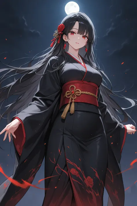1 woman with long shiny black hair, loose hair, long hair, shiny red eyes, ruby red eyes, black kimono, accessories, tall woman, medium breasts, moonlight, moonlight particle,