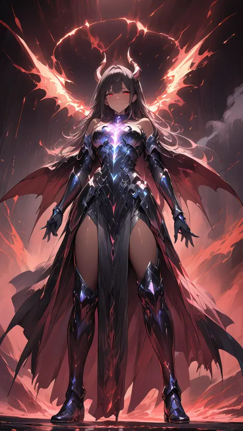 anatomically completely correct、full body view of one tall woman、Devil、solo、Dark skin、Red Eyes、Expression of Agony、detailed expression、Fearful Horns、Jet Black Long Hair、glossy hair、Shiny Black Leather Armor、purple magic stone on chest、flesh wings、demon win...