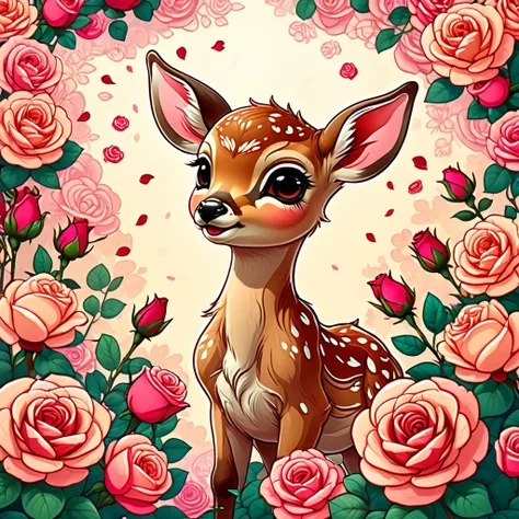 Best quality, masterpiece, ultra high res, a kawaii illustration of a fawn in roses