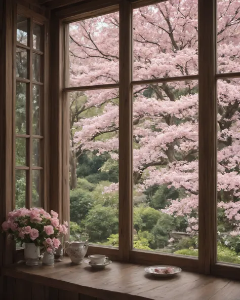 Highest quality, ultra-high resolution is shown, detailed, exquisite Japanese bansai with moss at the base on a wide wooden windowsill, outside the window is a giant sakura in full bloom, pink petals swirl in the air, soft evening light