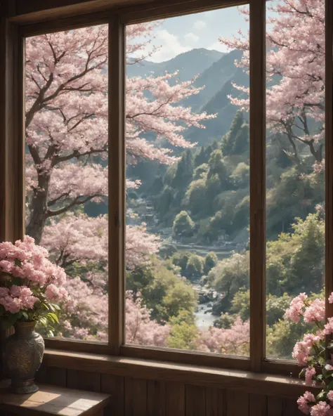 Highest quality, ultra-high resolution is shown, detailed, exquisite Japanese bansai with moss at the base on a wide wooden windowsill, outside the window is a giant sakura in full bloom, pink petals swirl in the air, soft evening light