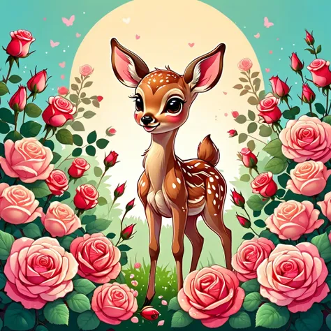 Best quality, masterpiece, ultra high res, a kawaii illustration of a fawn in roses