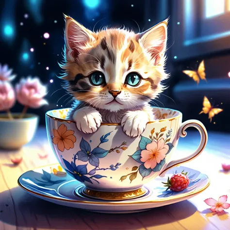 8K Ultra HD, highly detailed, Detailed illustration of a cute kitten in a teacup, style watercolor illustration, fantasy art, cute Background, soft tetrad color, A digital illustration of anime style, soft anime tones, luminism, Feeling like Kyoto Animatio...
