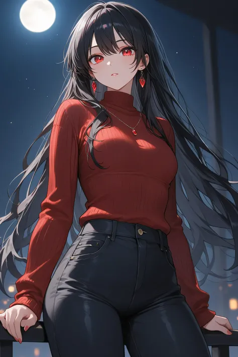 1 woman with long shiny black hair, loose hair, long hair, shiny red eyes, ruby red eyes, red black sweater, black jeans, accessories, tall woman, medium chest, moonlight, moonlight particle,