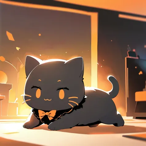 (Absurdres:1.2), best quality, exquisitely detailed illustration of an adorable sanrio style black kitten, black and orange color palette, volumetric lighting, 8k resolution,