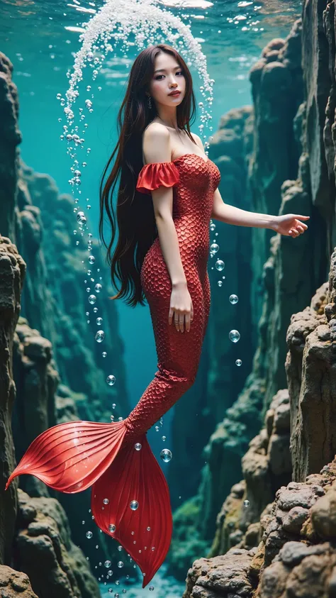 The Little Mermaid、 It personifies a very beautiful young Japanese and half Korean woman 、double eyelid,  droopy eyes, A dynamic pose, Smiling gently,  Slim and feminine figure、ruby red Off-the-shoulder one-piece clothes. (((Mermaid Fin))),  Woman with lon...
