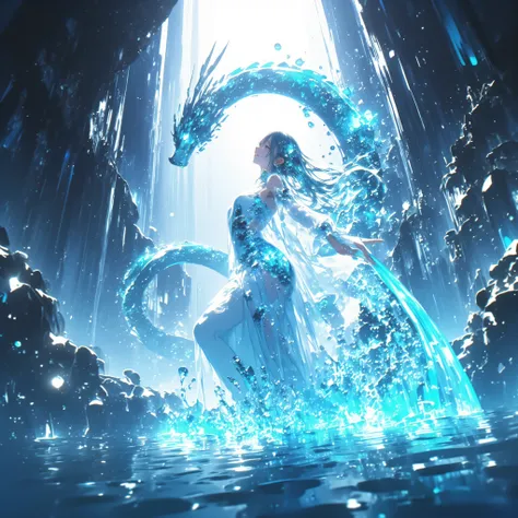 cowboy shot、A crystal cave hidden behind a majestic waterfall, wrapped in soft pale white light from above、A shining wall. beautiful with pale blue skin and long hair A young woman, and her finely woven pale blue hair dances gracefully with a transparent f...