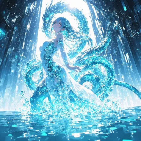 cowboy shot、A crystal cave hidden behind a majestic waterfall, wrapped in soft pale white light from above、A shining wall. beautiful with pale blue skin and long hair A young woman, and her finely woven pale blue hair dances gracefully with a transparent f...