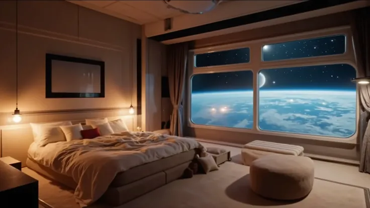cozy futuristic spaceship bedroom, large panoramic window showing Earth and space, warm ambient lighting, soft bed with pillows and blanket, sci-fi interior, modern design, cinematic lighting, high detail, ultra realistic, 16:9
