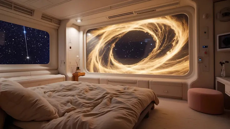 Scifi_Interior_Space,,james web space telescope,cosmos,nebula,spiral galaxy,cozy futuristic spaceship bedroom, large soft bed with blankets and pillows, full-wall floor-to-ceiling panoramic window showing a surreal cosmic phenomenon — a glowing black hole ...