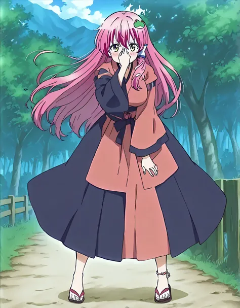 absurdres, highres, masterpiece, best quality, amazing quality, official anime artwork, screencap, anime screencap, outdoors, looking at viewer, light smile, dynamic pose, 
sanae kochiya, 1girl, solo, yellow eyes, pink hair, long hair, large breasts,, leaf...