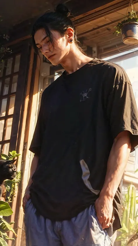 > A cinematic, hyper-realistic photograph of a young man with long black hair tied in a man bun, standing indoors by a sunlit wooden-framed window. He is wearing a loose black t-shirt with a subtle Japanese kanji symbol on the chest and relaxed blue drawst...