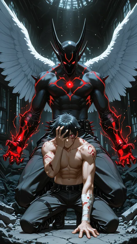 A powerful anime-style male character kneeling on cracked ground in a destroyed room with broken windows and dust in the air. He has a muscular build, short spiky black hair, and glowing red eyes filled with fury. His right arm is fully transformed into a ...