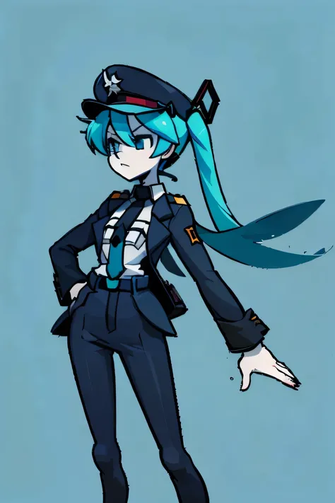 Hatsune Miku, with an SS-Dienstanzug style uniform: officer's black cross jacket, white shirt underneath, black tie, simple black belt, bastic red bracelet with symbol, black pants, black leather high boots, black cap with silver eagle visor with skull emb...
