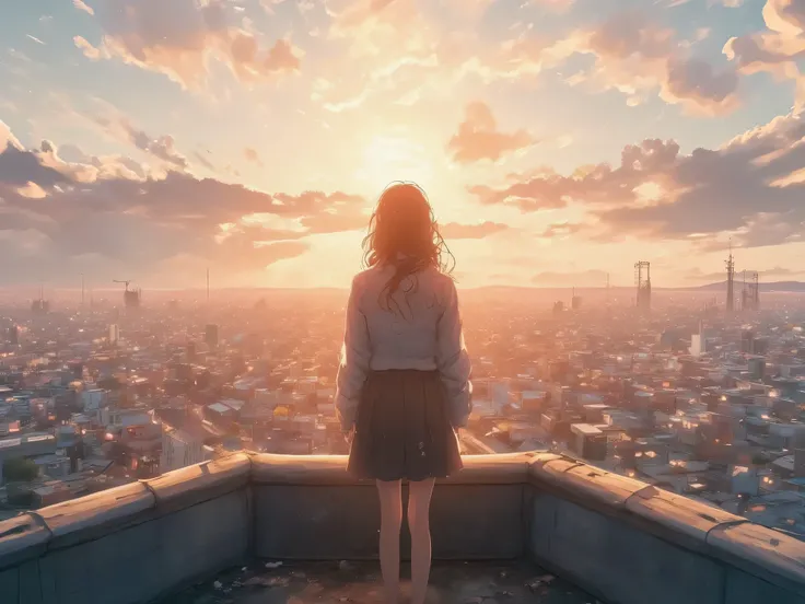 A lonely young woman stands on a rooftop at dawn, looking out at a quiet city. The pale pink-gray sky is filled with sadness and uncertainty, a sense of being unnoticed in the vast world. Minimalist composition, soft shadows and solitude.