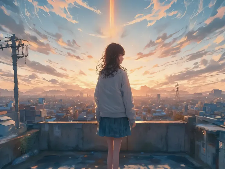 A lonely young woman stands on a rooftop at dawn, looking out at a quiet city. The pale pink-gray sky is filled with sadness and uncertainty, a sense of being unnoticed in the vast world. Minimalist composition, soft shadows and solitude.