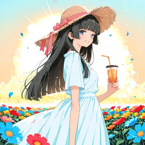 (masterpiece, best quality, ultra-detailed, anime style, cinematic lighting, dynamic composition, shallow depth of field, lens flare), a beautiful teenage girl with long black hair in hime cut, slightly drooping blue eyes, fair white skin, wearing a soft w...