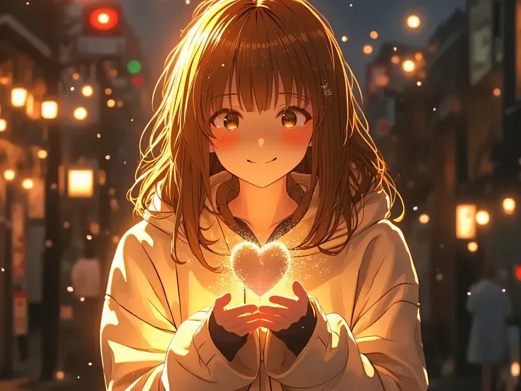 Prompt:
A person holding their own reflection in a mirror, smiling gently. The background glows with warm light, symbolizing self-acceptance. Subtle sparkles around the heart area. Calm and warm atmosphere.