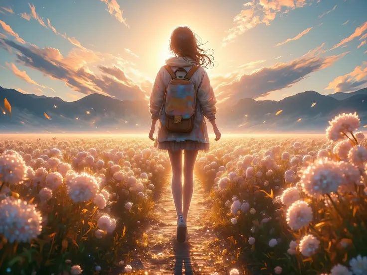 A person walking alone in a blooming field at golden hour, touching flowers gently. The sun is low, casting long shadows. A peaceful, self-loving vibe. Words like “love yourself” subtly written in the clouds or light.