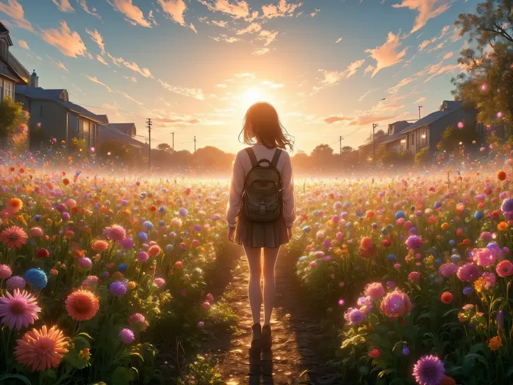 A person walking alone in a blooming field at golden hour, touching flowers gently. The sun is low, casting long shadows. A peaceful, self-loving vibe. Words like “love yourself” subtly written in the clouds or light.