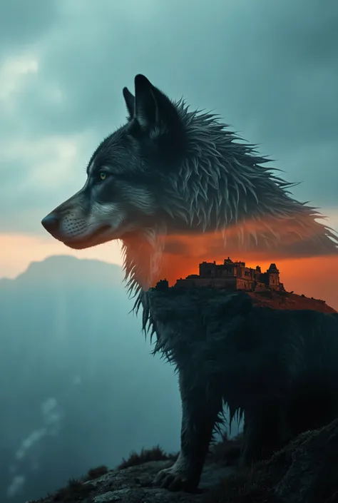 high quality, 8K ultra HD, Una hermosa Double Exposure que combina una silueta de LA LLAMADA DEL DIABLO con UN CASTILLO GOTICO al atardecer, the coast at dusk should serve as a backdrop, with its details incorporated in A BLACK WOLF, sharp lines,  The back...
