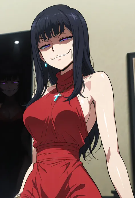black hair,long hair,purple eyes,red sleeveless dress,,ear piercing, long hair, , ,Hot Girl, , , charming ,should wear a cross necklace, masterpiece, best quality, very detailed, A girl in a long dress、using a navy cutout for a photo shoot, , , , (nsfw) un...