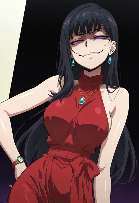 black hair,long hair,purple eyes,red sleeveless dress,,ear piercing, long hair, , ,Hot Girl, , , charming ,should wear a cross necklace, masterpiece, best quality, very detailed, A girl in a long dress、using a navy cutout for a photo shoot, , , , (nsfw) un...