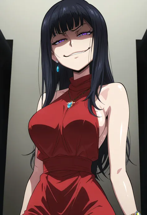black hair,long hair,purple eyes,red sleeveless dress,,ear piercing, long hair, , ,Hot Girl, , , charming ,should wear a cross necklace, masterpiece, best quality, very detailed, A girl in a long dress、using a navy cutout for a photo shoot, , , , (nsfw) un...