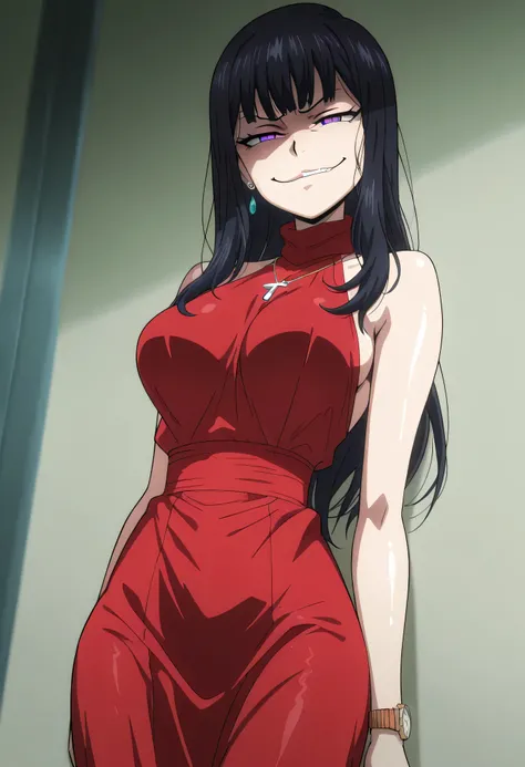 black hair,long hair,purple eyes,red sleeveless dress,,ear piercing, long hair, , ,Hot Girl, , , charming ,should wear a cross necklace, masterpiece, best quality, very detailed, A girl in a long dress、using a navy cutout for a photo shoot, , , , (nsfw) un...