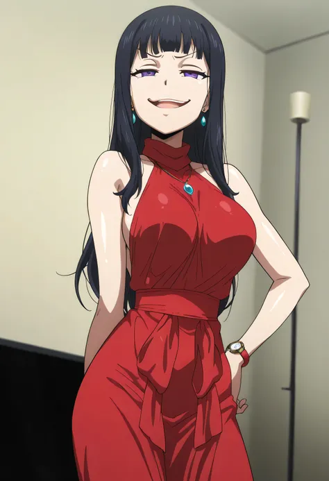 black hair,long hair,purple eyes,red sleeveless dress,,ear piercing, long hair, , ,Hot Girl, ,(smug:1.5) , charming ,should wear a cross necklace, masterpiece, best quality, very detailed, A girl in a long dress、using a navy cutout for a photo shoot, , , o...