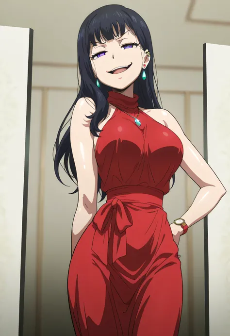 black hair,long hair,purple eyes,red sleeveless dress,,ear piercing, long hair, , ,Hot Girl, ,(smug:1.5) , charming ,should wear a cross necklace, masterpiece, best quality, very detailed, A girl in a long dress、using a navy cutout for a photo shoot, , , o...