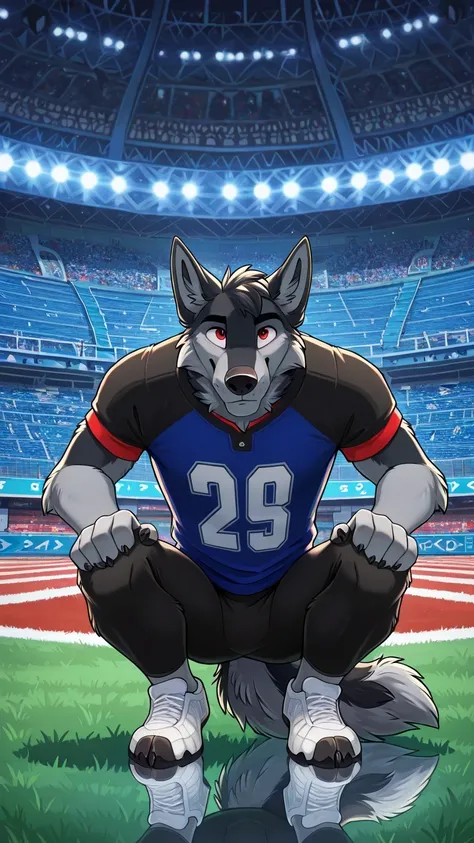 american football stadium background, Eye blue, Reflections, full body, antropomorfico, Adult Wolf, without humans, by ango76 , Masterpiece, better quality,very aesthetic, newest, anthropoid, mammal, a boy, Clothes, Alone, byry, byry Macho, macho fo...