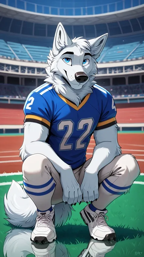american football stadium background, Eye blue, Reflections, full body, antropomorfico, Adult Wolf, without humans, by ango76 , Masterpiece, better quality,very aesthetic, newest, anthropoid, mammal, a boy, Clothes, Alone, byry, byry Macho, macho fo...