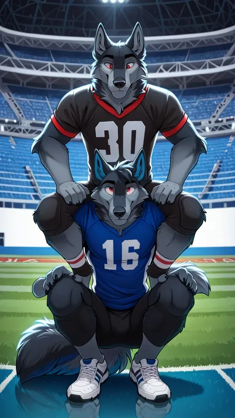 american football stadium background, Eye blue, Reflections, full body, antropomorfico, Adult Wolf, without humans, by ango76 , Masterpiece, better quality,very aesthetic, newest, anthropoid, mammal, a boy, Clothes, Alone, byry, byry Macho, macho fo...