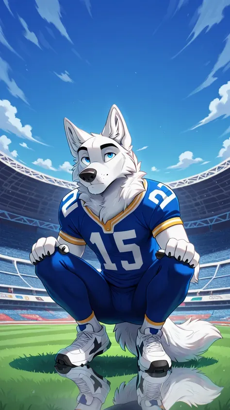 american football stadium background, Eye blue, Reflections, full body, antropomorfico, Adult Wolf, without humans, by ango76 , Masterpiece, better quality,very aesthetic, newest, anthropoid, mammal, a boy, Clothes, Alone, byry, byry Macho, macho fo...