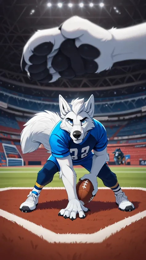 depth of field, american football stadium background, anthropomorphic eye blud , Reflections, full body, antropomorfico, Adult Wolf,without humans, cola, Close-up, , by ango76 , Masterpiece, better quality, incredible quality, very aesthetic, newest...